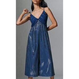Anthropologie Maeve Fluid Shine Ruffle Sequin Crop Jumpsuit Size S Blue New